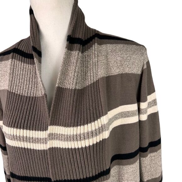 Striped Cotton Knit Open Front Cardigan Size XL Petite St John’s Bay Taupe Black - Picture 8 of 13